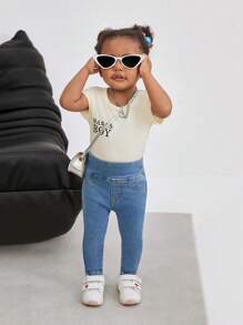 SHEIN Baby Girl Simple Fashionable Denim Jeans, Suitable For Summer - Dark Wash - View 6