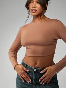 MISSGUIDED 秋冬罗纹长袖短款上衣 基本款 短款 T 恤 运动休闲修身弹力上衣 办公室休闲装 - 卡其色 - 查看 6