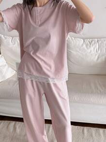 2pcs Striped Loose Short Sleeve Women Pajama Set - Pink - View 4