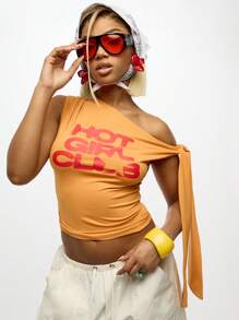 SUMWON WOMEN 俱乐部不对称肩带细节短款上衣夏季节日派对俱乐部舞蹈表演休闲街头服饰 Y2K 时尚宣言上衣 - 黃色 - 查看 5