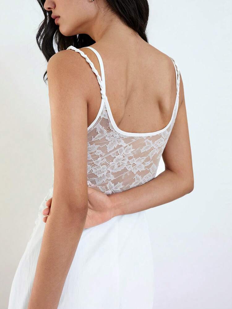 SHEIN Maija 2025 New Summer White Ruffle Sexy Lace Splice Adjustable Strap Asymmetrical Cut Design Women Dress, Vacation Beach Daily Casual Versatile Fashion Commute Elegant Party Wedding Guest Brunch Independence Day Mother's Day Music Festival Graduation