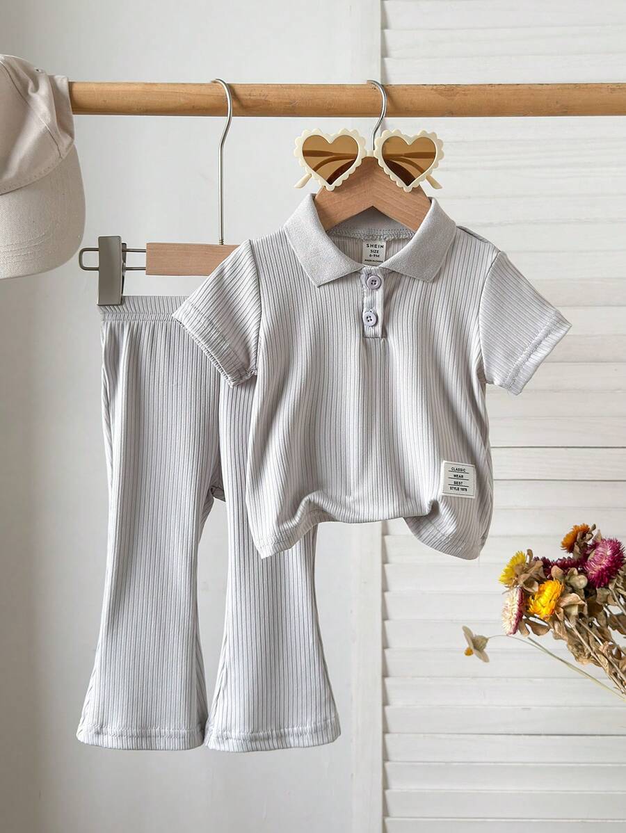 Infant Girls Casual POLO Shirt Short Sleeve Top And Flared Pants Set - Light Grey - View 1