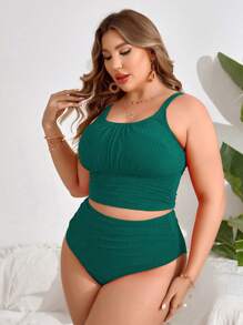 Swim Lushoire 2pcs Plus Size Women Solid Color Casual Vacation Spaghetti Strap Camisole Bikini For Summer - Green - View 3