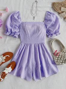 Soleia 蓝白格子褶皱泡泡袖连体衣，休闲度假风格方领女式夏季连体裤 - 紫色 - 查看 3