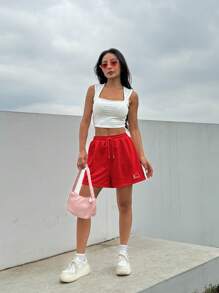 SHEIN EZwear 夏季宽松休闲粉色抽绳腰部贴片运动短裤 - 紅色 - 查看 3