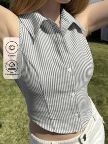 SHEIN EZwear Gray Striped Sleeveless Casual Woven Shirt For Women - Grey - View 8