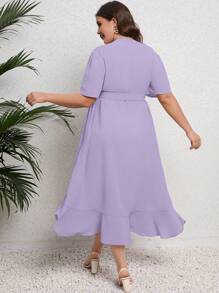 SHEIN LUNE Plus Puff Sleeve Ruffle Hem Belted Wrap Dress Maxi Women Outfit
