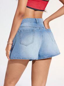SHEIN EZwear 女士纽扣前口袋阔腿宽松休闲百搭牛仔短裤 - 藍色 - 查看 2