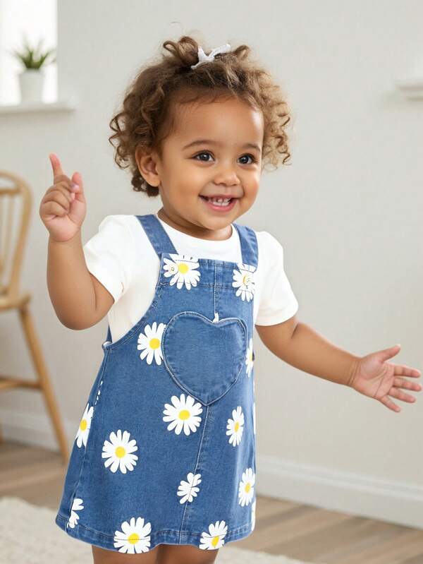 Cozy Pixies Baby Girl Floral Print Heart Pocket Denim Suspender Skirt