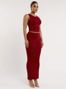 Silquee 性感女式高端纯色勃艮第红色无袖扭结设计休闲紧身春夏性感短款女士背心，基本款廓形，采用柔软有弹性的亲肤面料 - 酒紅色 - 查看 7