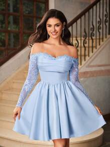 Lovelzi Elegant Luxury Off-Shoulder Sheer Lace & Satin Long Sleeve Pleated Maxi Dress, Suitable For Wedding, Party, Vacation, Dance Events, Wedding Guest Dress, Prom Dress - Baby Blue - View 1