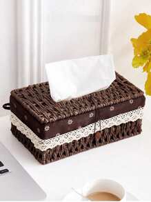 1pc Woven Tissue Box Holder, Rectangular Covered Tissue Box, Rattan Wicker Tissue Box Holder, Bohemian Style Decorative Woven Tissue Dispenser