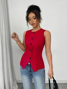 Selianne Camisa sin mangas de unicolor informal para ir al trabajo en verano - Rojo - Ver 4