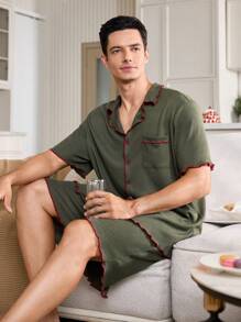 Contrast Color Collar & Cuff Open Front Single Pocket Men's Pajama Set - Olive Green - View 6
