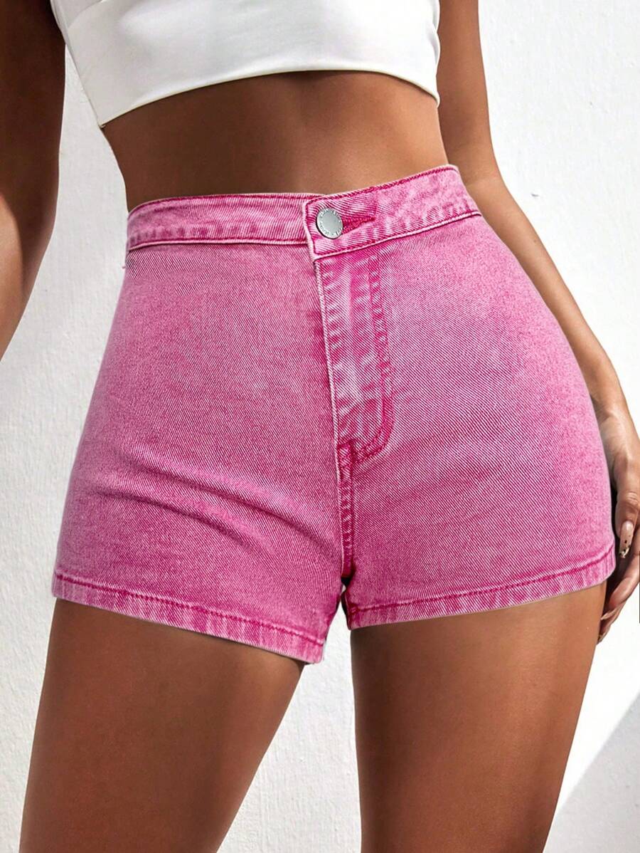 SHEIN ICON Pantalones cortos vaqueros casuales de tiro alto y estilo ceñido, versátiles, para mujer - Rosa Fucsia - Ver 1