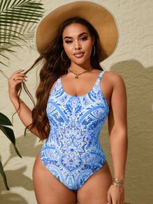 Swim Lushoire Traje de baño de una pieza con tirantes y estampado floral, estilo vacacional para mujer talla grande