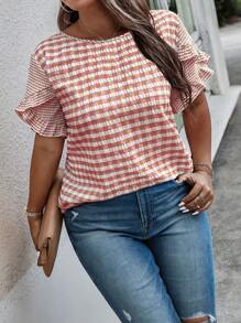 SHEIN LUNE Plus Size Women's Round Neck Casual Woven Plaid Ruffled Blouse - Multicolor - View 3