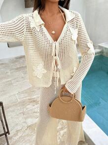 EURMUSE 女士夏季钩针海滩度假春季度假装波西米亚风纯棉白色派对太阳裙套装女式两件套沙滩装 - 米色 - 查看 7