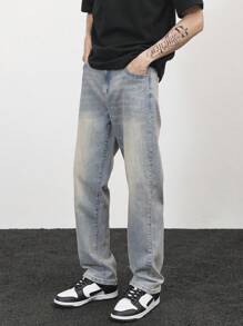 Manfinity Hypemode Men's Light Wash Denim Jeans: Long Zipper Fly And Classic Fit For Everyday Wear - Light Wash - View 4
