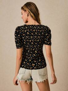 Poéselle Women Short Sleeve V-Neck T-Shirt, Fashionable For Summer,Puff Sleeve Floral Print T-Shirt,Basic Tops - Black - View 2