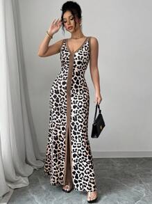 largo con abertura frontal, estampado de leopardo en bloque de color, escote en V bajo y ajustado sin mangas con cuello simétrico para mujeres - Multicolor 7 - Ver 3