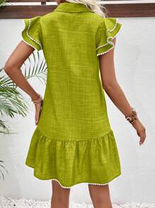 SHEIN LUNE Women's Resort Casual Contrasting Trim Ruffle Cap Sleeve Mini Dress - Green - View 2