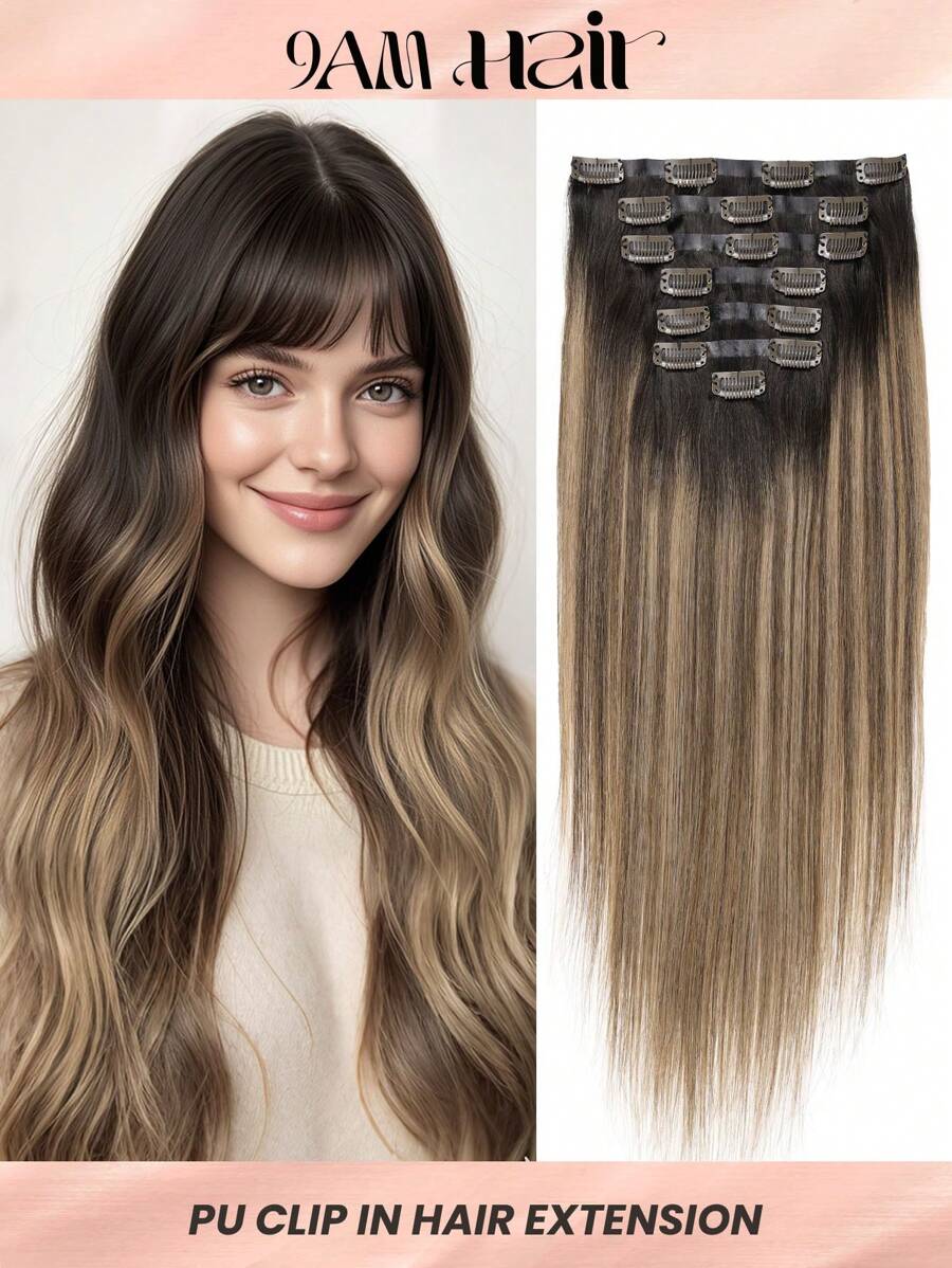 Seamless Clip Ins 无痕夹式真人发接发 14-24 英寸 7 片装 深棕色至脏金色 真人发 PU 皮纹发片 夹式接发 - S2/4/22 - 查看 1