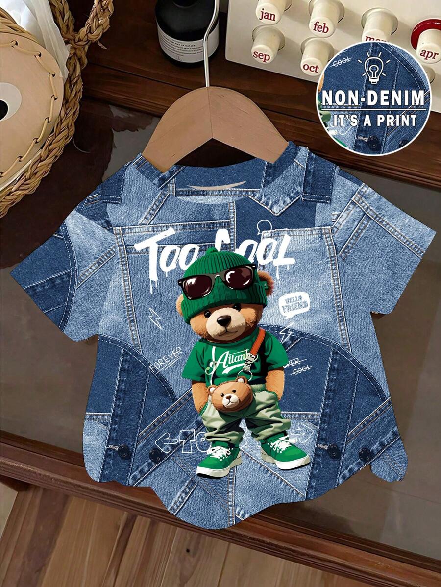 男婴休闲熊印花短袖上衣，夏季