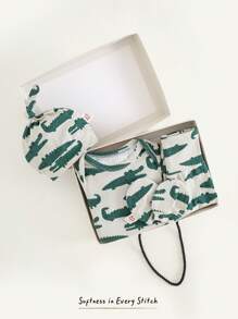 Cozy Pixies Baby Mädchen 5-teiliges Set: Cartoon Krokodil Muster gestrickter weicher Rundhals Langarm-Pullover, elastische Taillenhose, Hut, Handschuhe, Lätzchen