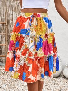 Breezaya Floral Print Ruched Layered Skirt, Summer Vacation - Multicolor - View 6