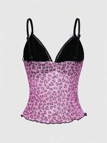 Betty Boop | ROMWE 女士夏季撞色豹纹水钻图案吊带背心 - 玫紅色 - 查看 2