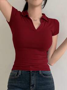 DAZY Tricou polo cu mânecă scurtă, culoare solidă, slim fit, casual, pentru femei, vară, business casual, preppy - roșu - Vizualizare 5