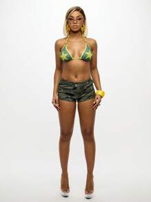 SUMWON WOMEN High Rise Camo Print Denim Booty Shorts Military Style Distressed Hot Summer Festival Shorts Street Fashion Mini Jean Shorts - Army Green - View 3