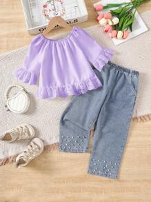 2pcs/Set Girls Ruffle Trim Off Shoulder Blouse Top And Pearl Decor Denim Long Pants, Suitable For Daily Wear In Summer - Purple - View 1