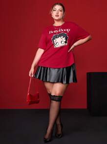 Betty Boop x SHEIN 夏季可爱锐舞音乐会度假海滩休闲波西米亚性感优雅复古Y2K酷炫红色大码字母和图案圆领短袖宽松T恤 - 紅色 - 查看 4