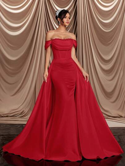 Glamrae Elegant Lyxig Elfenbensfärgad Off-Shoulder Halsringning Med Utsökta Pärlor, Ryggrem Rygglös Fisksvans Avtagbar Layered Cascade Klänning, Lämplig För Bröllopsceremonier Och Bröllop, Brud