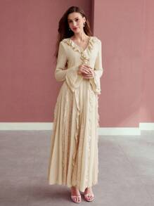 MOTF PREMIUM CONTRAST LACE RUFFLE DRESS - Apricot - View 6