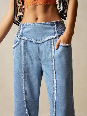 Bohemela 女式低腰休闲牛仔裤，带口袋和磨边下摆，度假风格