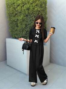 SHEIN Nova Glow Tween Girl 休闲时尚圆领泡泡短袖上衣和长裤套装 - 黑色 - 查看 4