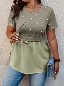 Calvaya Pearl Detail Plus Size Two-In-One Contrast Color T-Shirt Graphic Tees Women Tops - Mint Green - View 1