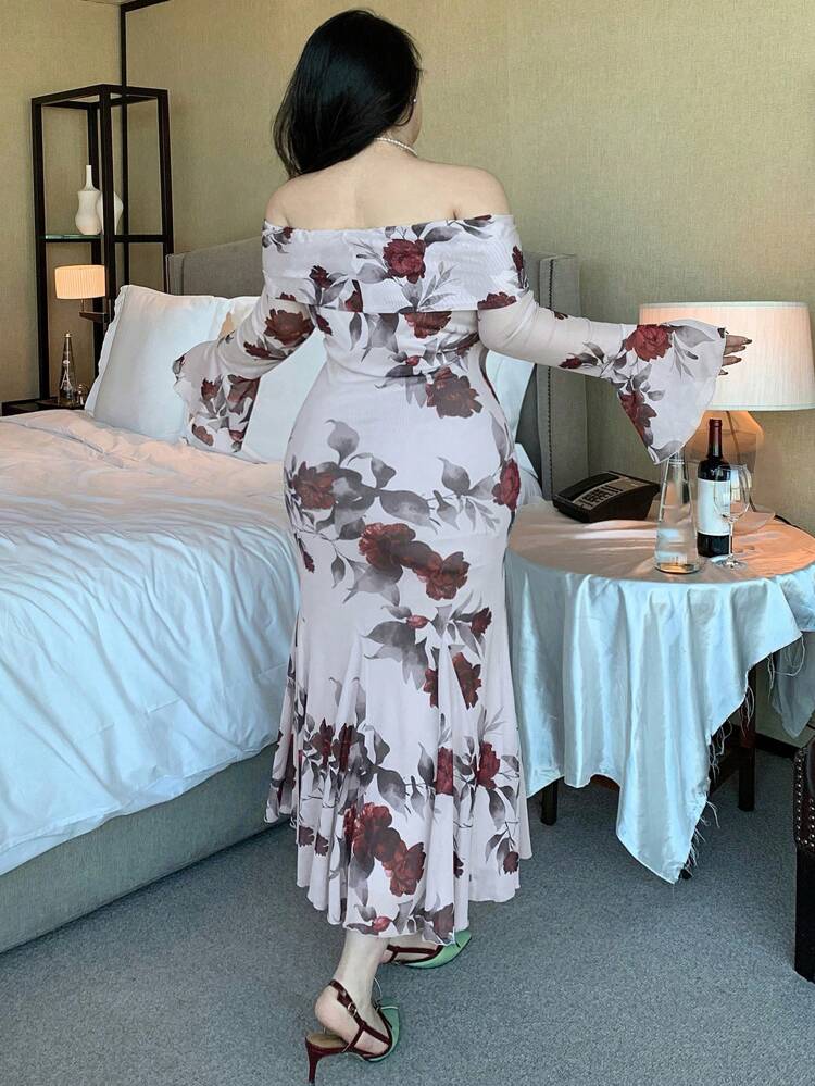 Dazy Plus Plus Size Flower Print Mesh Off Shoulder Flare Sleeve Mermaid Hem Dress, Spring/Fall DrapedDress Party Women Dresses Floral Milkmaid Dress,Ruffle Long Sleeve Dress Maxi Dress