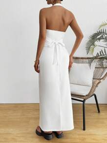 INAWLY 2pcs/Set Women Holiday Solid Color Single-Breasted Halter Top & A-Line Skirt Casual Outfit - White - View 3