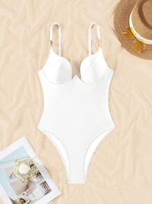 Swim SXY 女士性感优雅纯色可调节宽肩带金属配饰聚拢胸围设计连体泳衣，时尚简约高端前卫成人