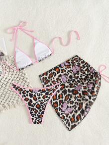 Swim SXY Women 3pcs/Set Leopard Pattern Bikini Swimwear With Drawstring Floral Print Cover Up Skirt