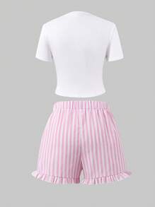 SHEIN Explorewe 2pcs Set Teen Girls Easter Cute Rabbit & Egg Print Slim Fit Striped Short Sleeve Top & Shorts Set, Casual Wear For Daily, Party, Summer - Multicolor - View 2