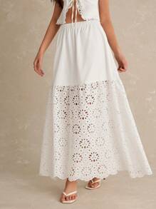 Poéselle Long White Skirt,White Skirts For Women,Hollow Embroidered Fabric,Boho,Women's Vacation Casual Solid Hollow Out Embroidery Patchwork Skirt Women Skirts Summer Skirts For Women - White - View 3