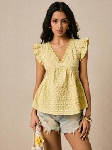 Poéselle Cremegelbe Bluse, Jacquard-Gewebe mit Dreidimensionalität, Spitzenbesatz, Puppenbluse, Ausgehenshirt, Damen Urlaubs-Lässig-Einfarbige Jacquard-Bluse mit Puffärmeln, Buttergelb