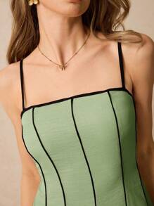 Poéselle Women's Mint Green Casual Maxi Dress: Sleeveless Spaghetti Strap Woven Fabric Flared Hem Long Dress With Contrast Stitch Detail - Mint Green - View 6