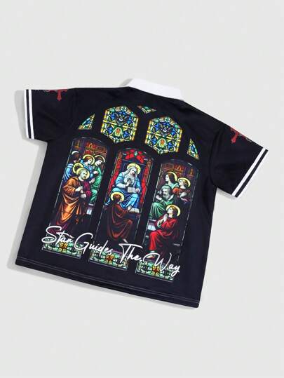 Street Life Polo à manches courtes décontracté pour hommes avec lettres et portrait graphique, été