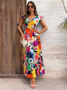 SHEIN Clasi Women Elegant V-Neck Cap Sleeve Floral Print Dress, Vacation Wear Wedding Guest Dress Women Graduation Dress Vacation Outfits - Multicolor - View 4